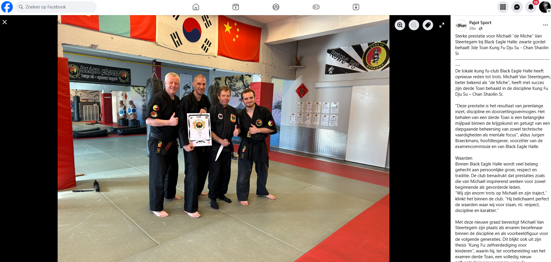 Sterke prestatie voor Michaël “de Miche” Van Steertegem bij Black Eagle Halle: zwarte gordel behaalt 3de Toan Kung Fu Dju Su - Chan Shaolin Si